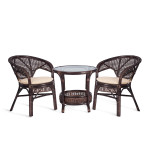 ТЕРРАСНЫЙ КОМПЛЕКТ "PELANGI" (стол со стеклом + 2 кресла) / с подушками / ротанг, кресло 65х65х77см, стол диаметр 64х61см, walnut (грецкий орех)