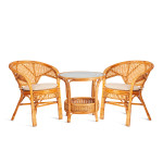 ТЕРРАСНЫЙ КОМПЛЕКТ "PELANGI" (стол со стеклом + 2 кресла) / с подушками / ротанг, кресло 65х65х77см, стол диаметр 64х61см, Honey (мед)