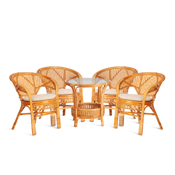 Комплект "PELANGI"  02/15 ( стол со стеклом + 4 кресла ) [с подушками] ротанг, кресло 65х65х77см, стол диаметр 64х61см, Honey (мед)