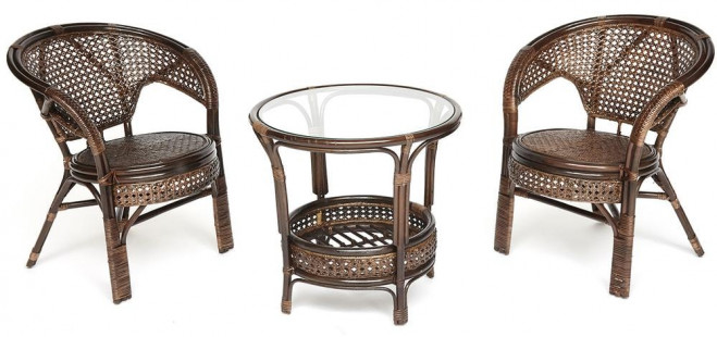 Террасный комплект «Pelangi» (стол со стеклом + 2 кресла) (Walnut (грецкий орех))