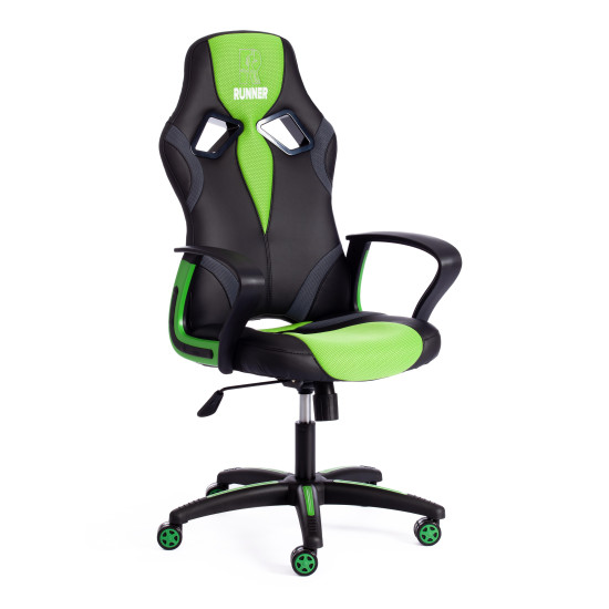 Кресло компьютерное «Ранер» (Runner) (Искусственная черная кожа + зелёная сетка)