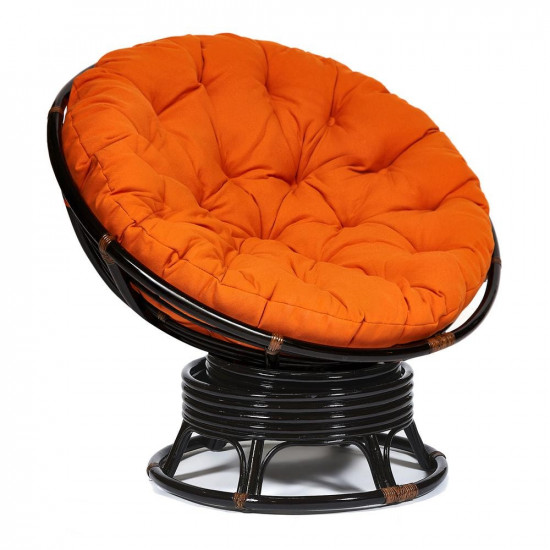 Кресло-качалка плетёное «Папасан» из ротанга (Papasan 23/01B Antique brown античный чёрно-коричневый) + Подушка (ткань оранжевая)