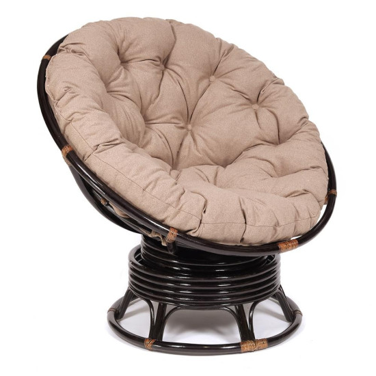 Кресло-качалка плетёное из ротанга «Папасан» (Papasan 23/01B Antique brown античный чёрно-коричневый) + Подушка (экошерсть коричневая)