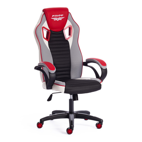 Кресло для геймеров PILOT (черный перфорированный/св.серый/красный)